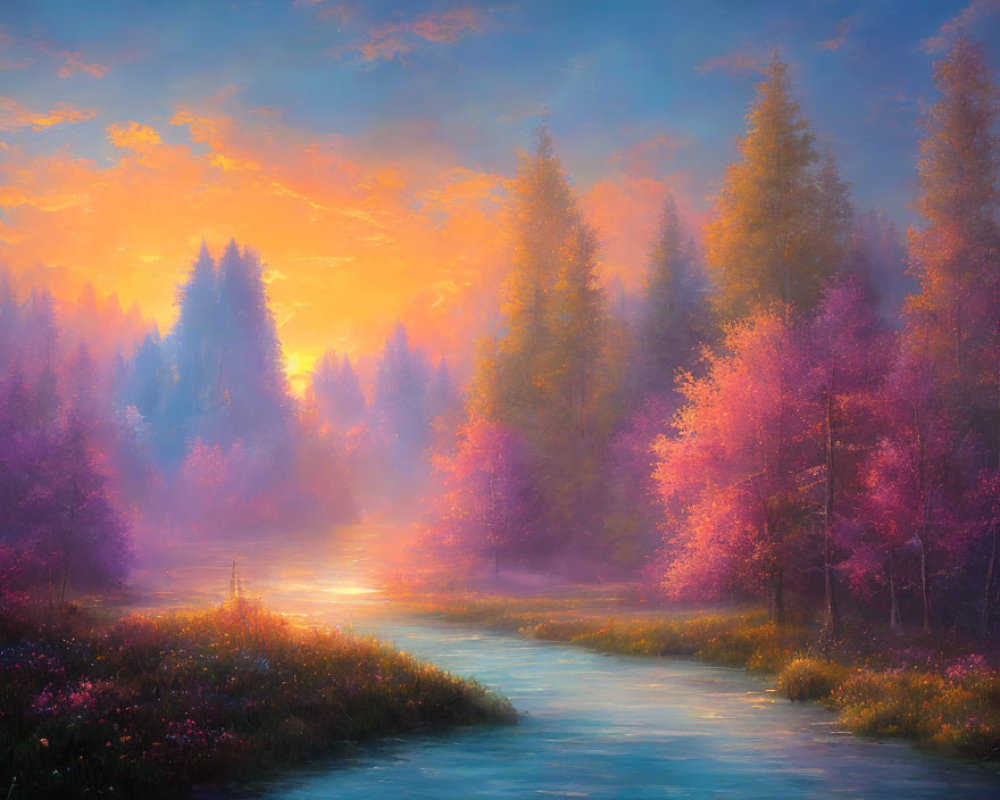 Colorful Forest Landscape with River at Sunset