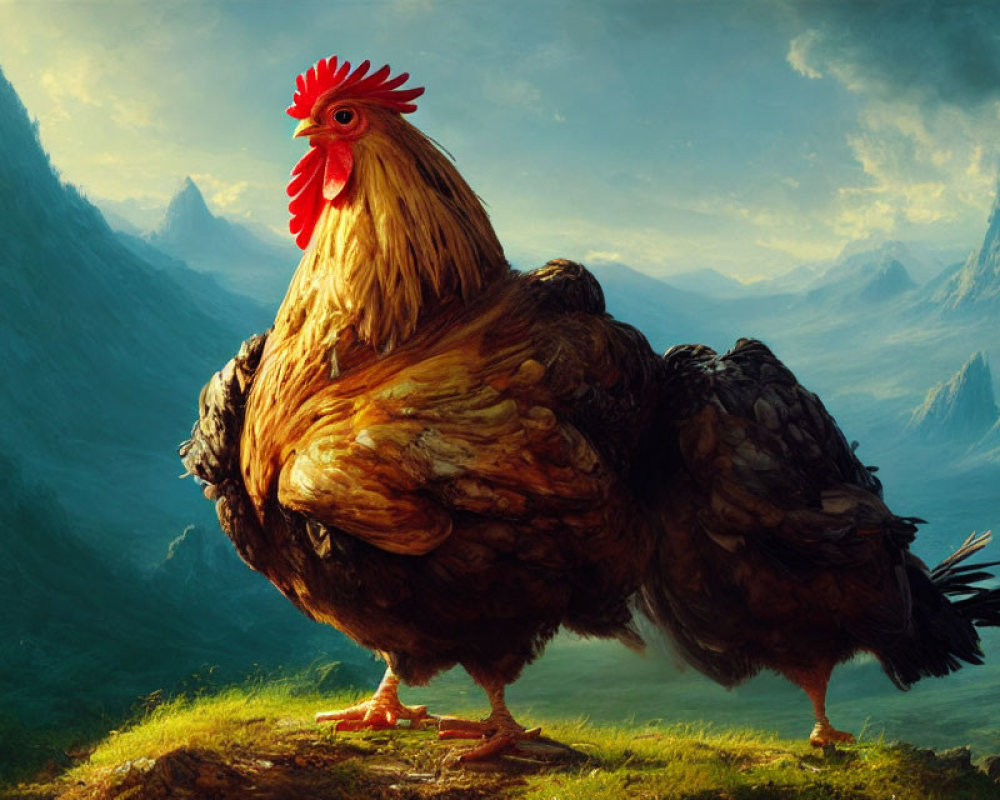 Majestic rooster on grassy knoll with mountainous landscape and warm sky