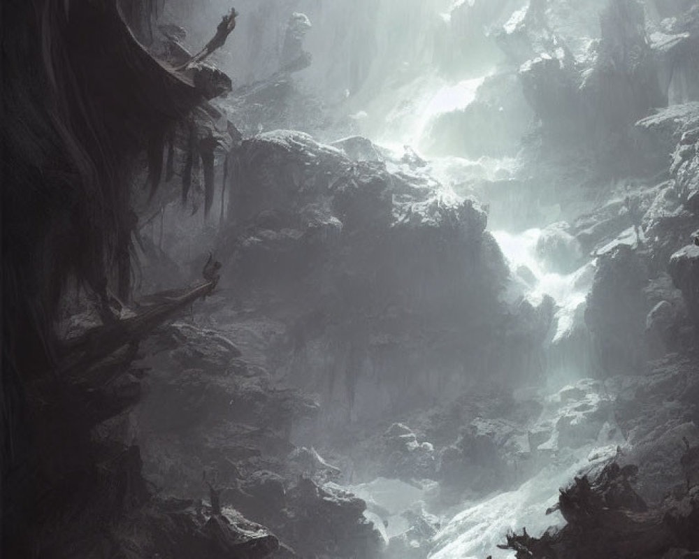 Mystical foggy cavern with towering rock formations and rushing stream