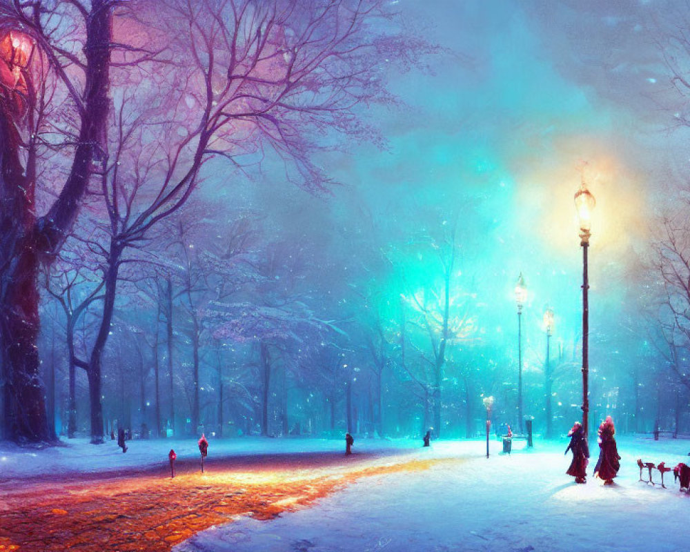 Snowy Park with People, Dogs, and Colorful Street Lamp Lights