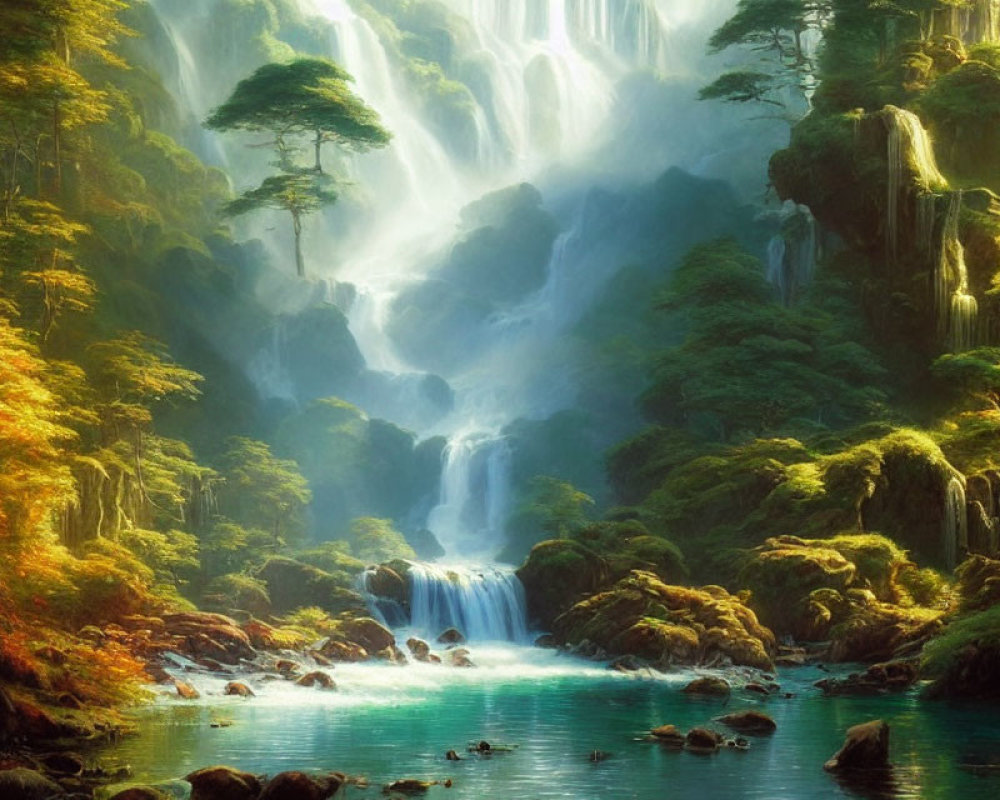 Tranquil Waterfall in Lush Forest with Mist and Vibrant Foliage