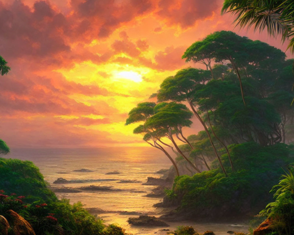 Tranquil Sunset Scene: Tropical Coastline with Vibrant Skies