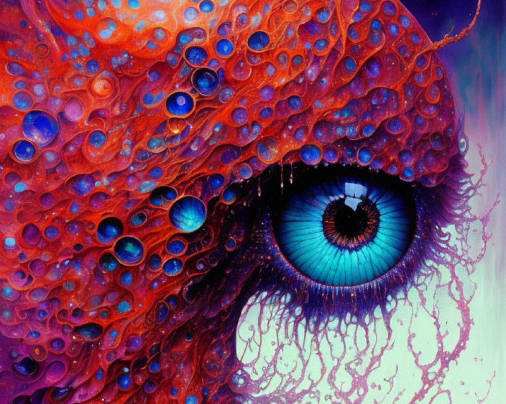 Colorful surreal eye painting with tentacle-like texture in purple, red, and blue hues.