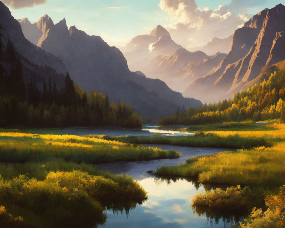 Tranquil landscape with winding river, golden grasses, and sunlit mountains