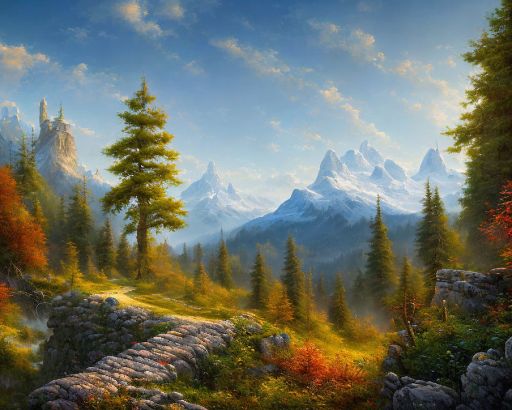 Scenic autumn forest with stone path, mountains & blue sky