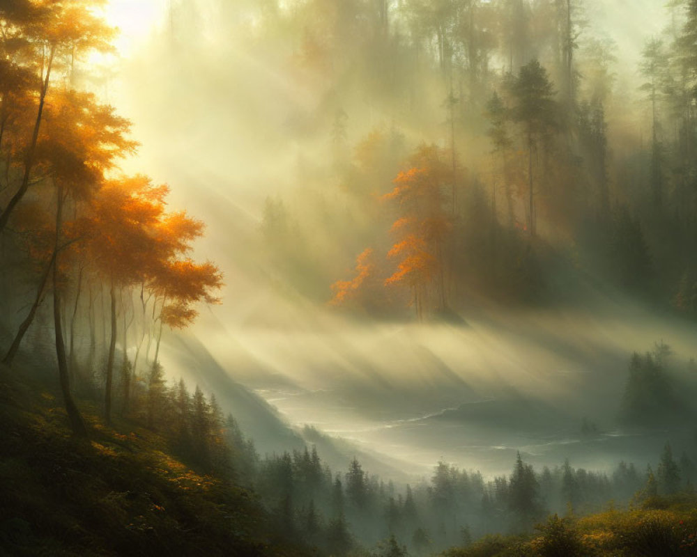 Sunlit Misty Forest with Autumn Leaves and Serene Atmosphere