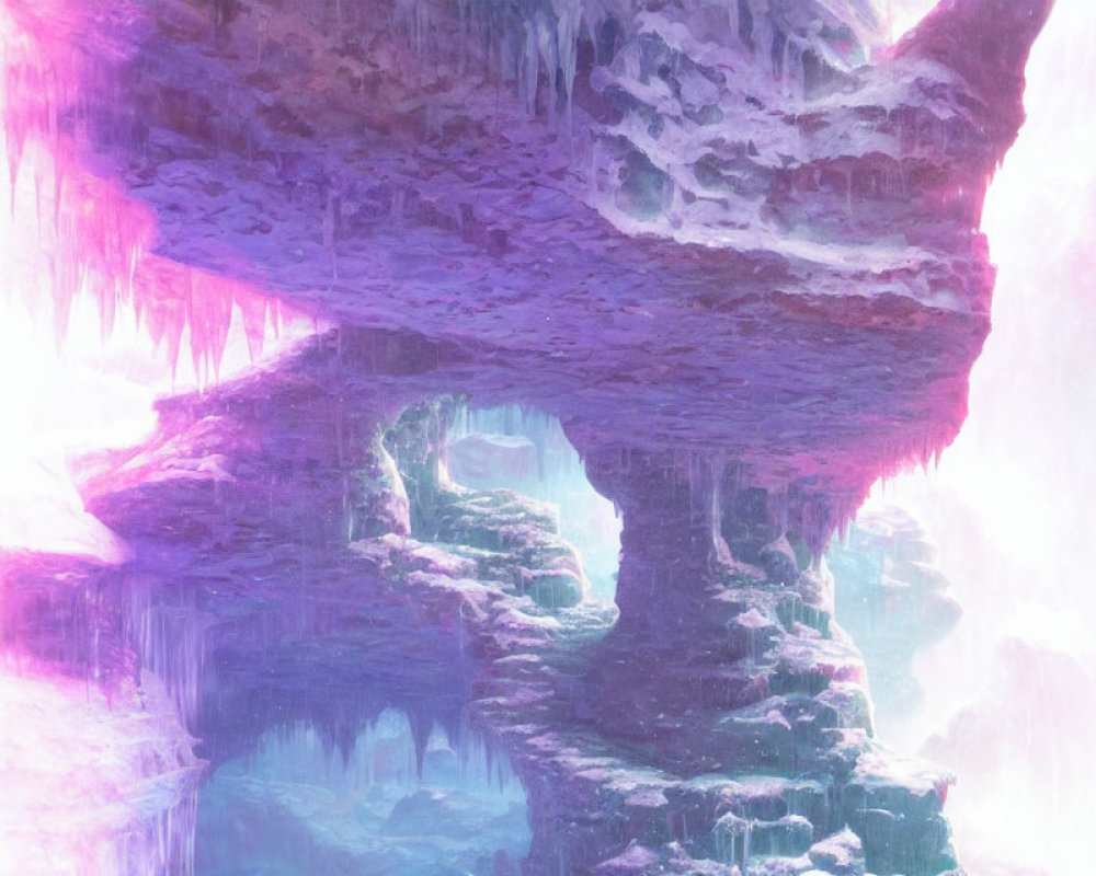 Mystical cave with pink and purple hues, stalactites, and glowing ice formations