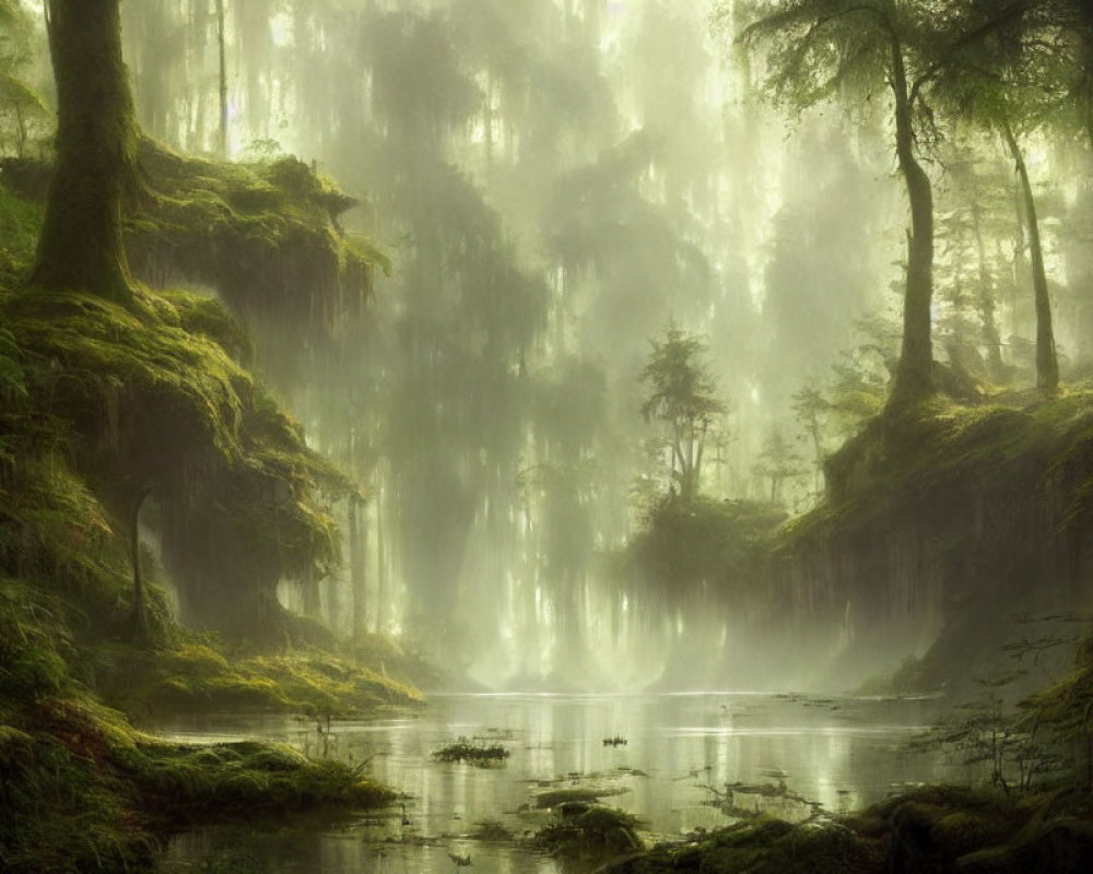 Tranquil Forest Scene with Sunlight, Moss-Covered Trees, and Still Water