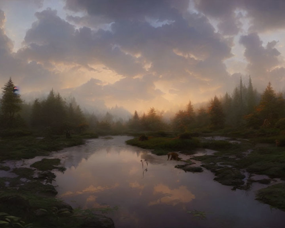 Tranquil dawn landscape: river, forest, mist