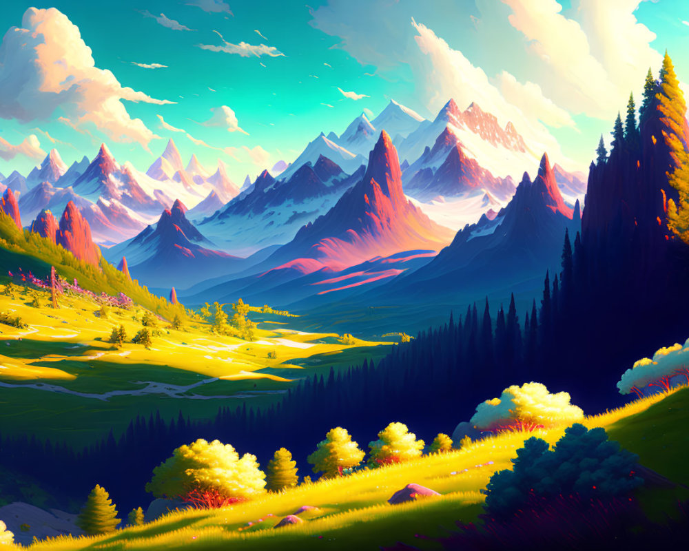 Colorful landscape with rolling hills, golden trees, and sharp mountains