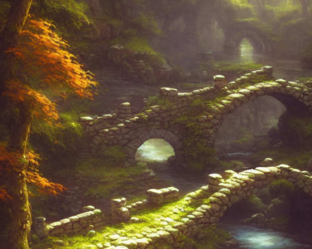 Stone bridge over stream in mystical forest with soft sunlight.