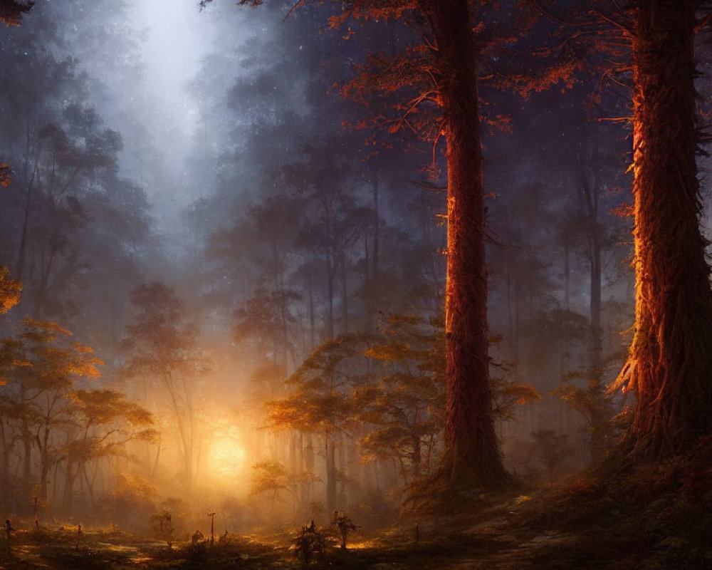 Sunbeams illuminate misty forest with towering trees