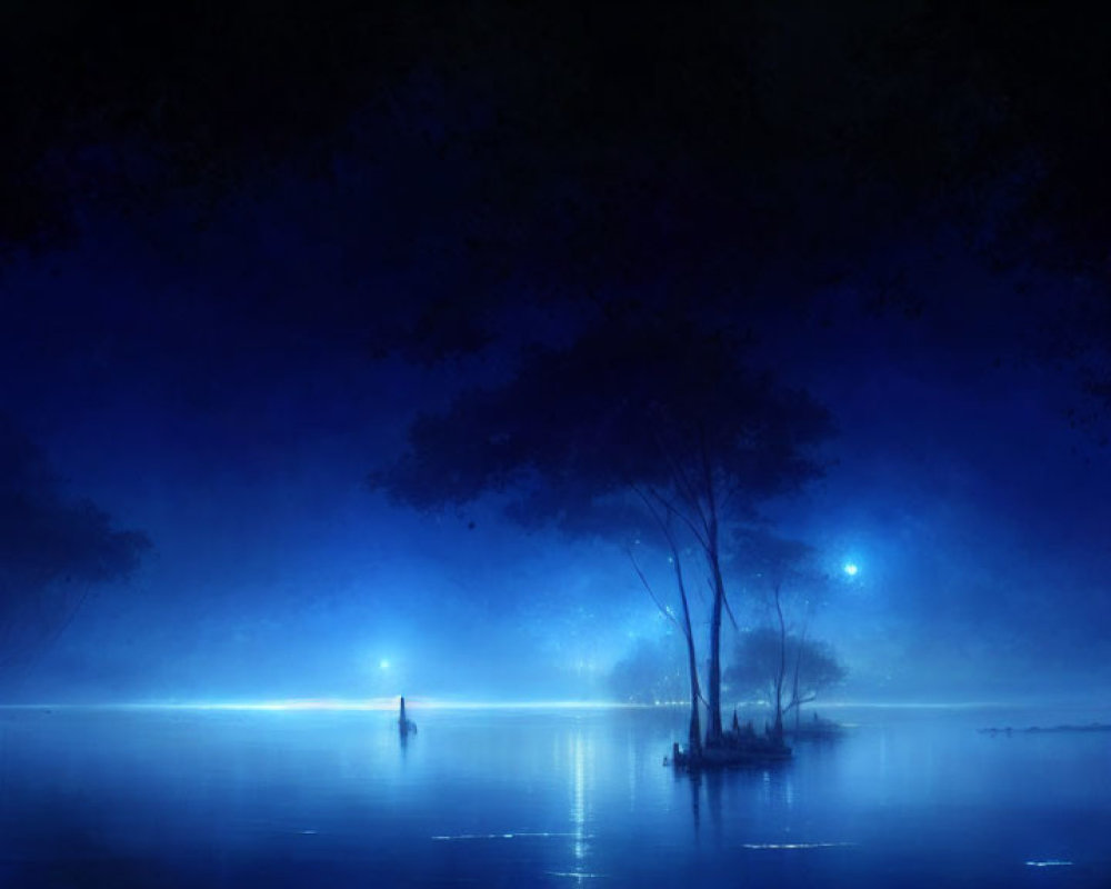 Mystical blue nightscape with person holding light on island surrounded by water