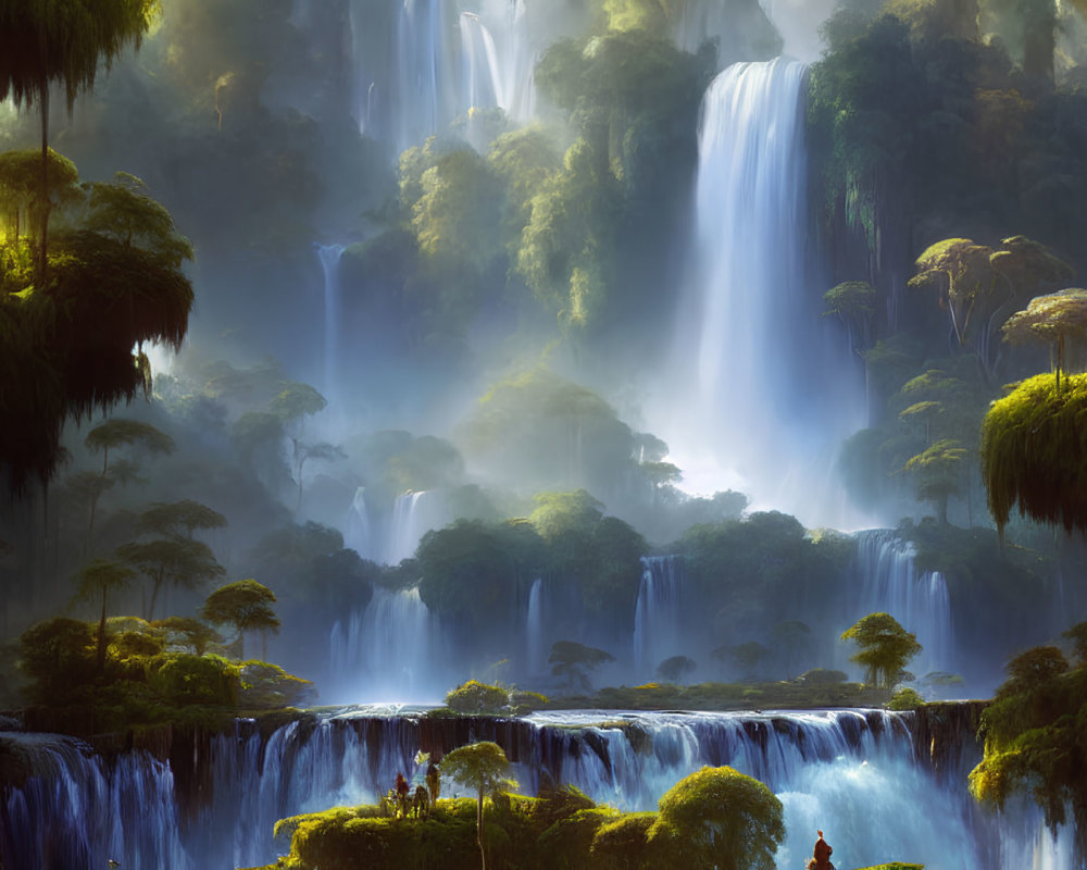 Mystical landscape with cascading waterfalls and lush greenery