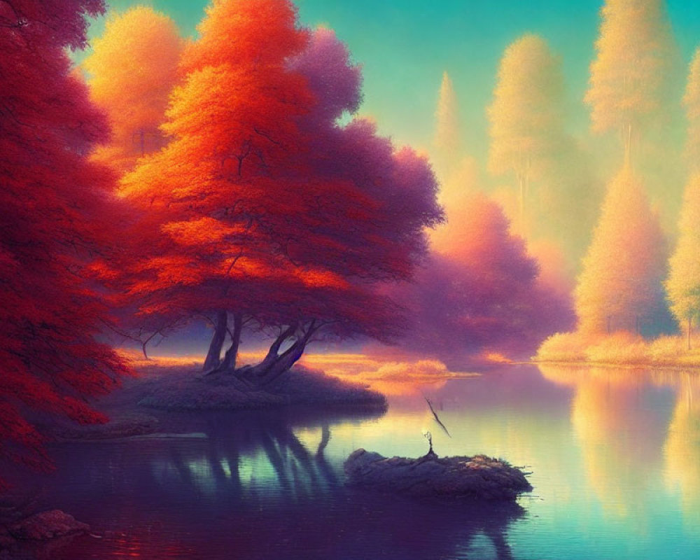 Tranquil landscape with red trees, blue lake, and misty golden forests