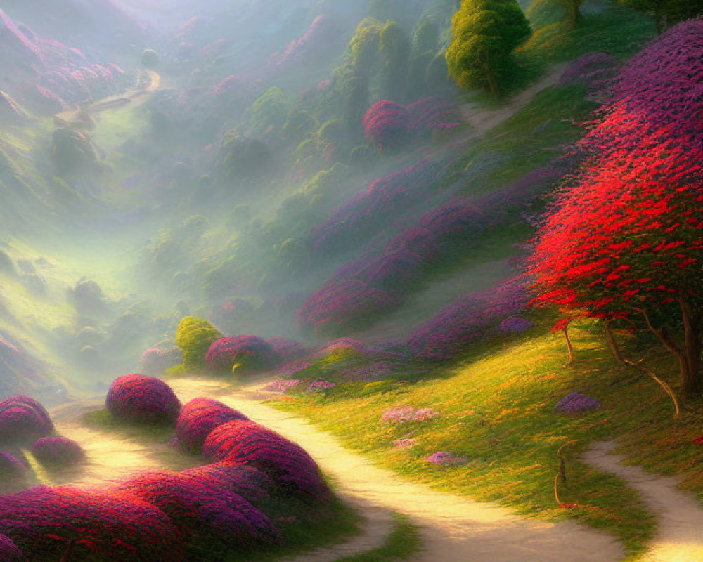 Vibrant colorful forest with winding path and pink-green foliage