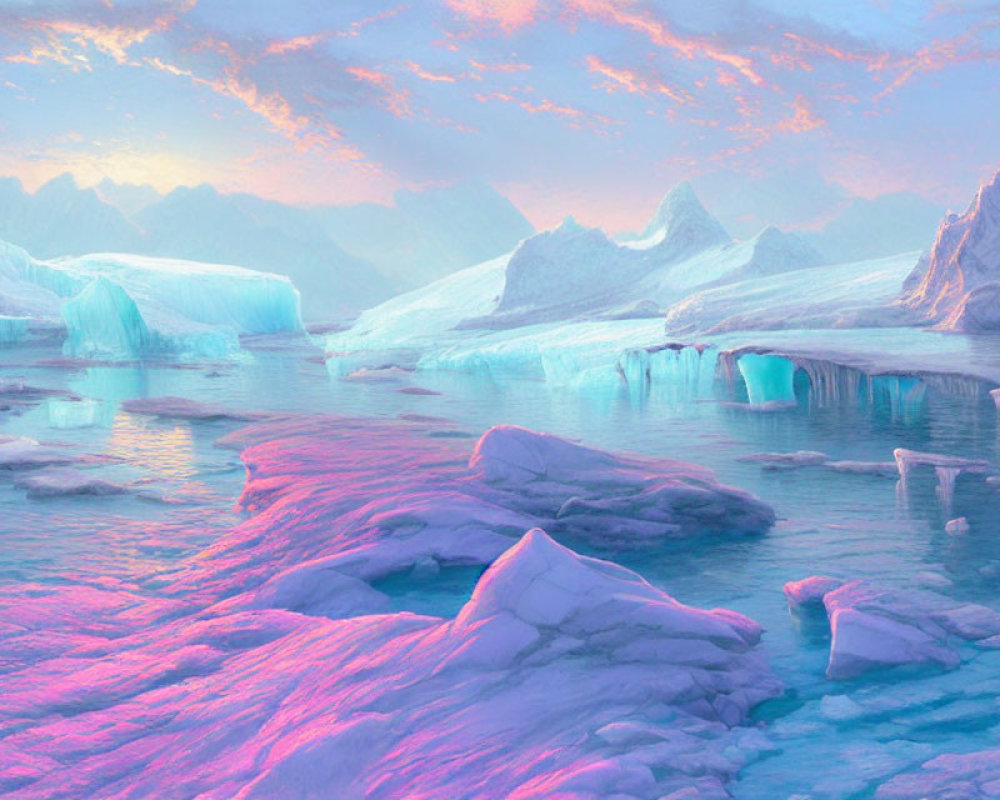 Soothing polar landscape with melting icebergs under pastel sunset