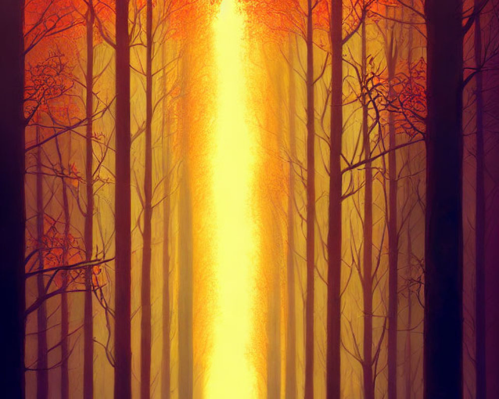 Warmly colored forest scene with figure at end of sunlit path among tall red foliage trees