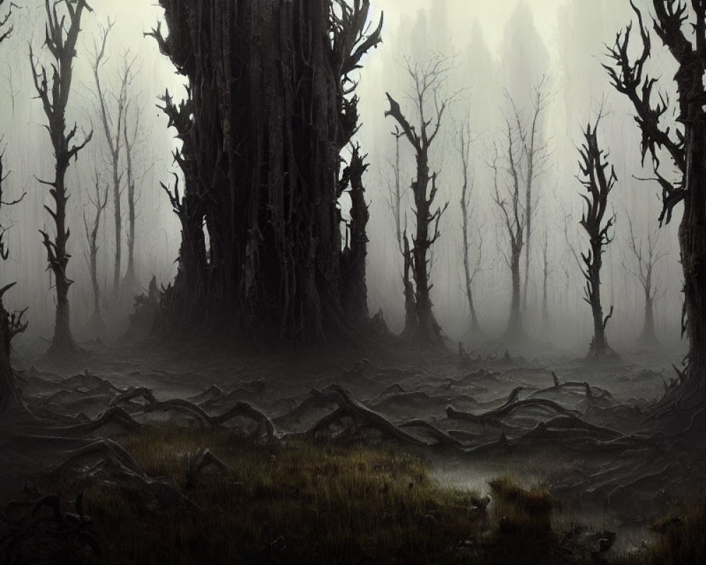 Mysterious Foggy Forest with Twisted Trees and Roots