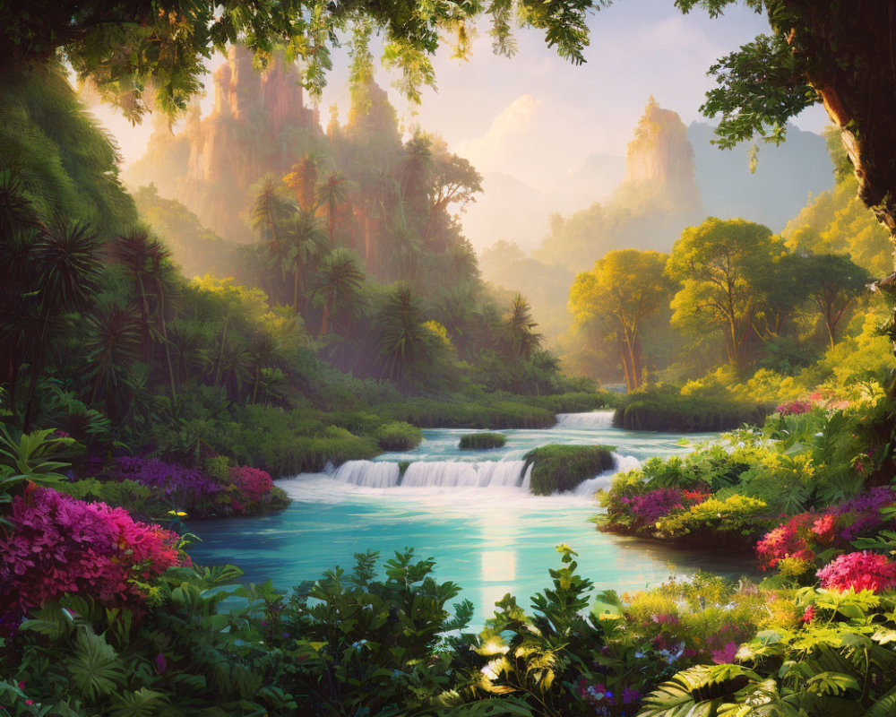 Tranquil fantasy landscape with lush vegetation and waterfalls