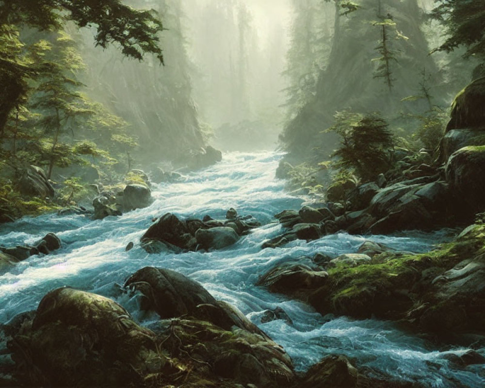 Misty forest river with sunlight filtering through canopy