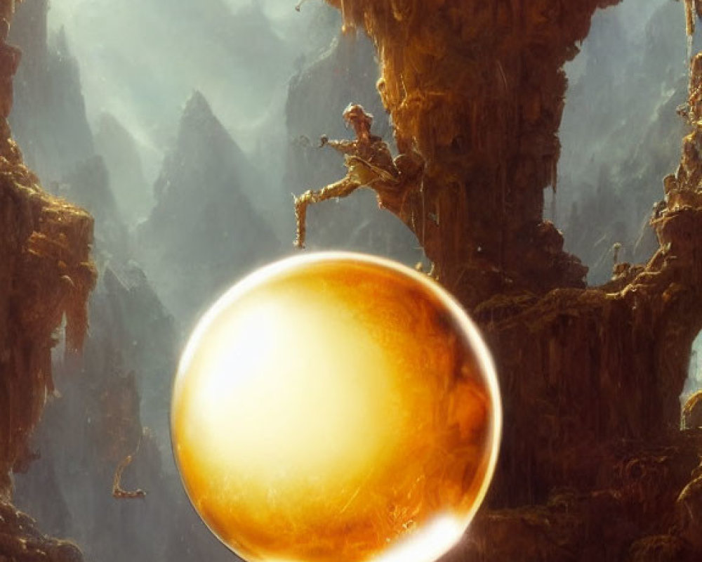 Amber sphere on ornate pedestal in cavernous space