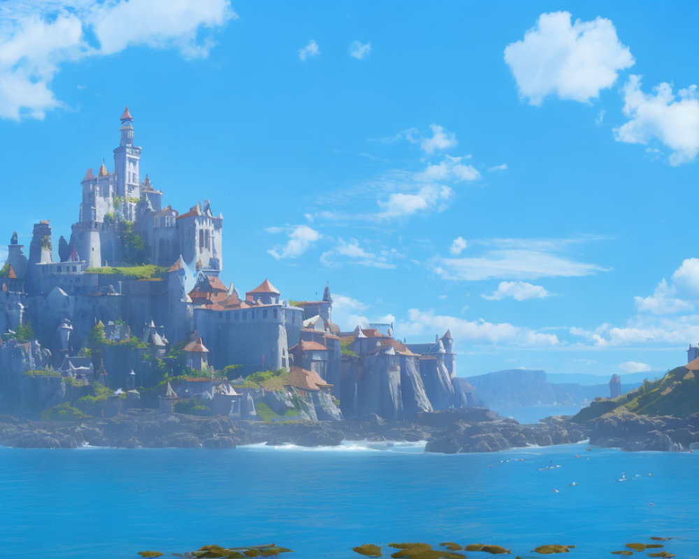 Majestic castle on cliff above serene blue sea