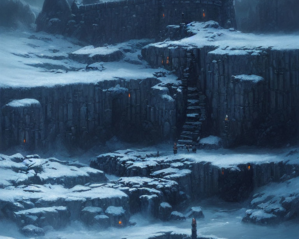 Snowy Dusk Landscape with Stone Fortress and Torchlit Stairway