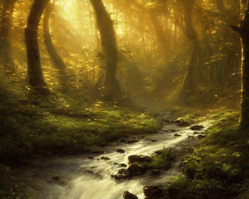 Tranquil forest scene with sunbeams, mist, trees, and stream.