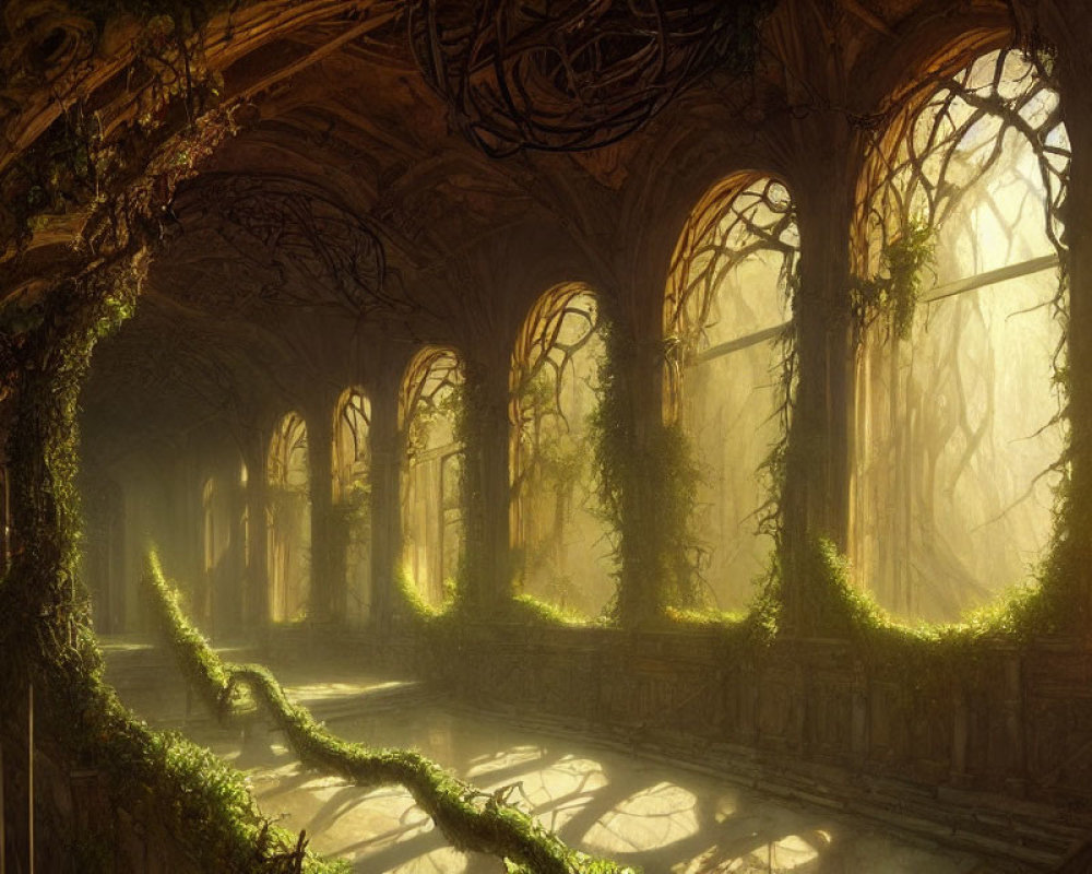 Ethereal sunlit hall with overgrown vines and trees