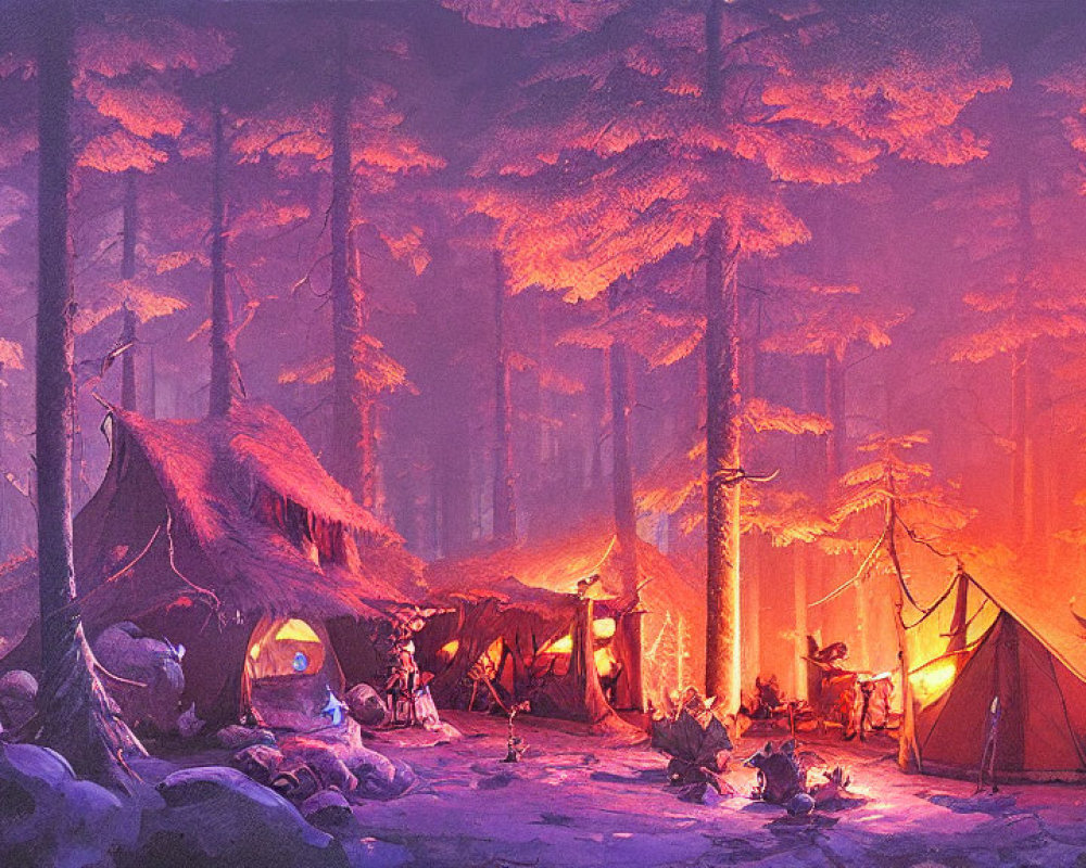 Dusk forest campsite with tents, campfire, and figures in serene evening