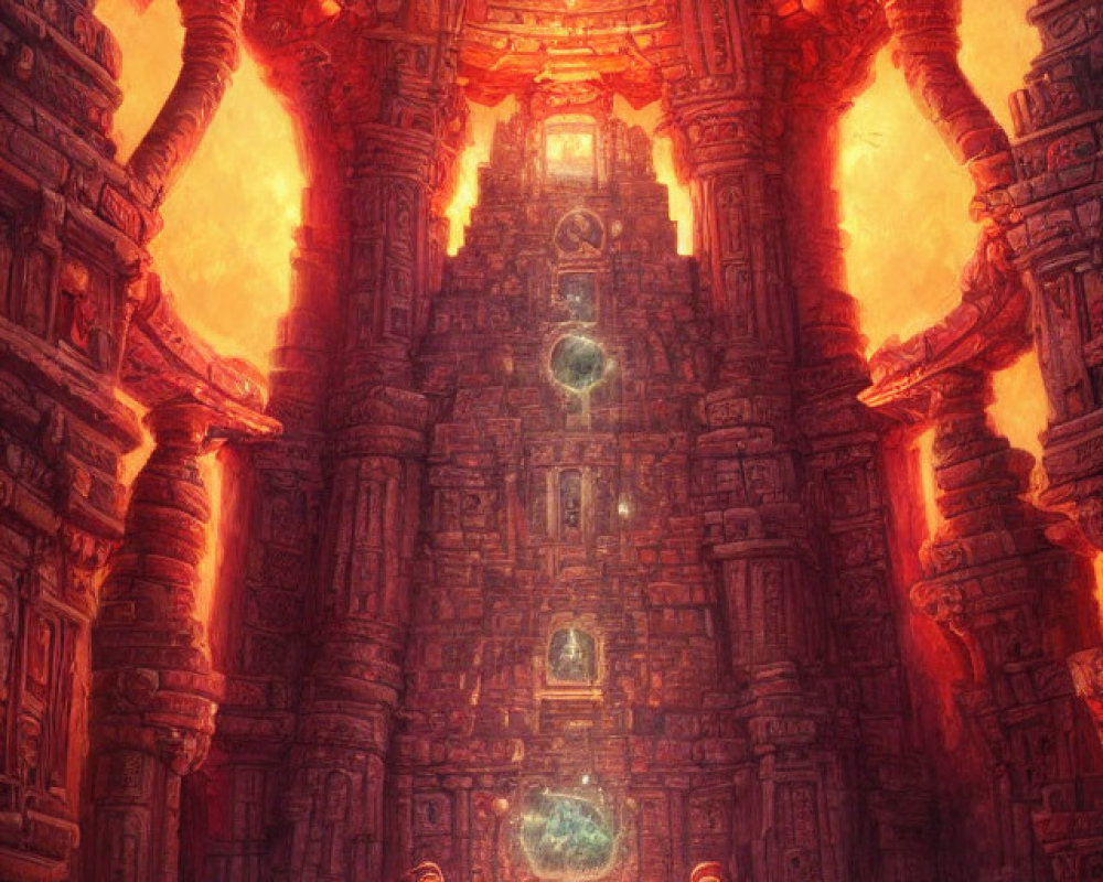 Mystical temple with towering pillars and glowing orbs