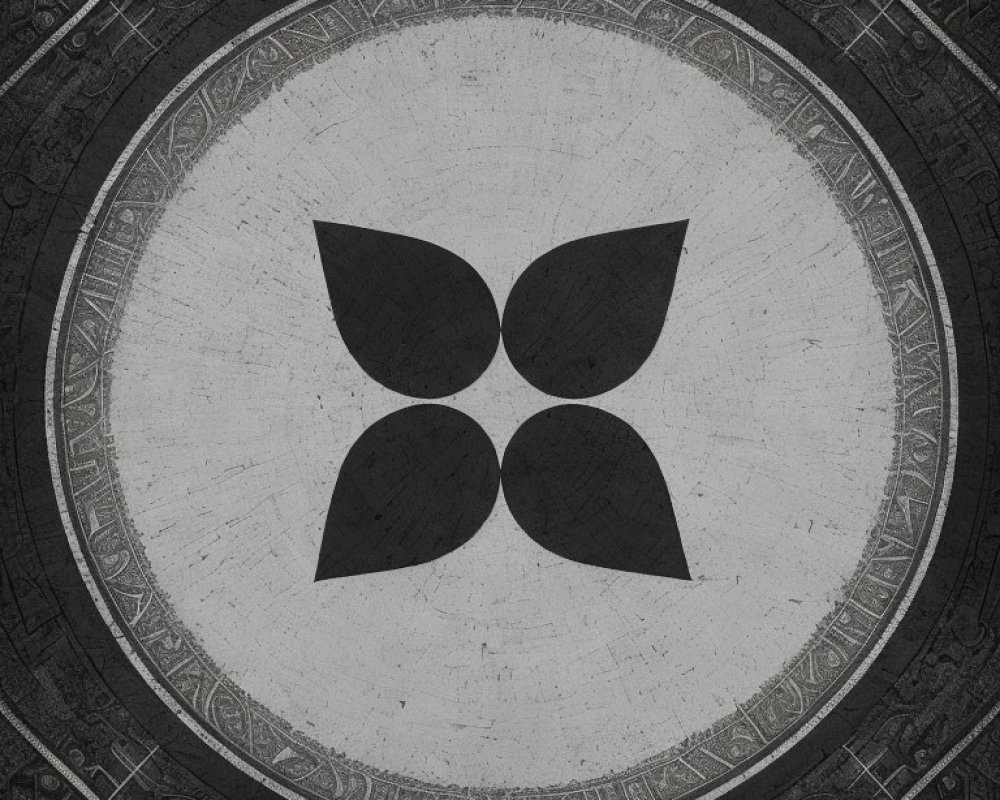 Circular black and white symbol with petal shapes on textured background and ornate patterns