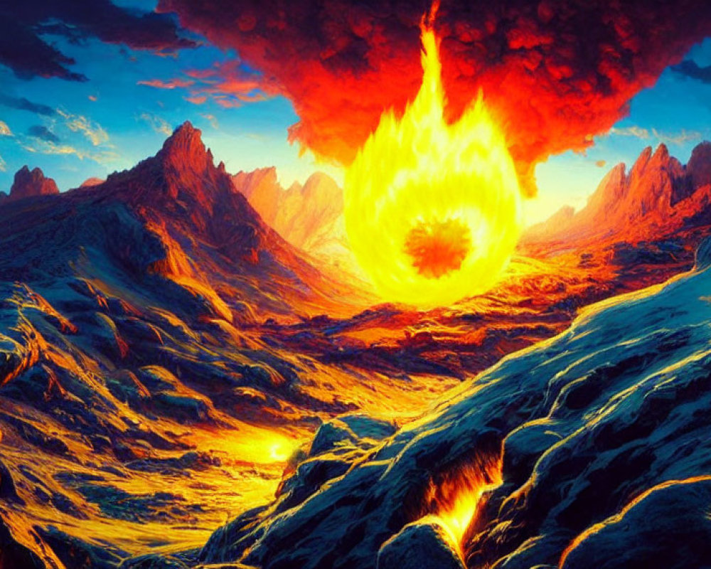 Apocalyptic digital artwork with fiery explosion over molten landscape