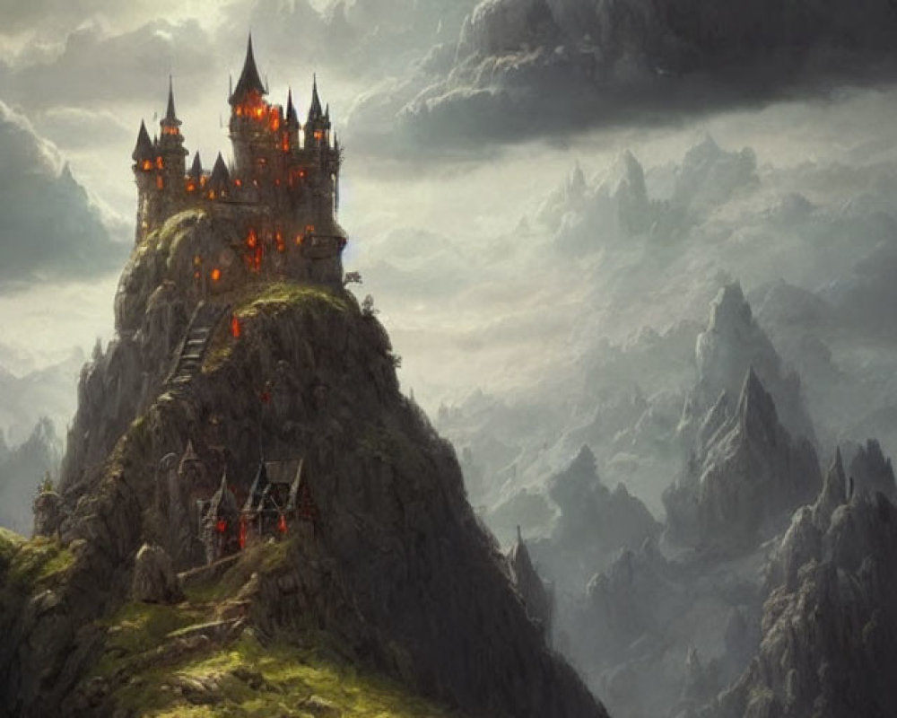 Moonlit mystical castle on steep peak with fiery torches.