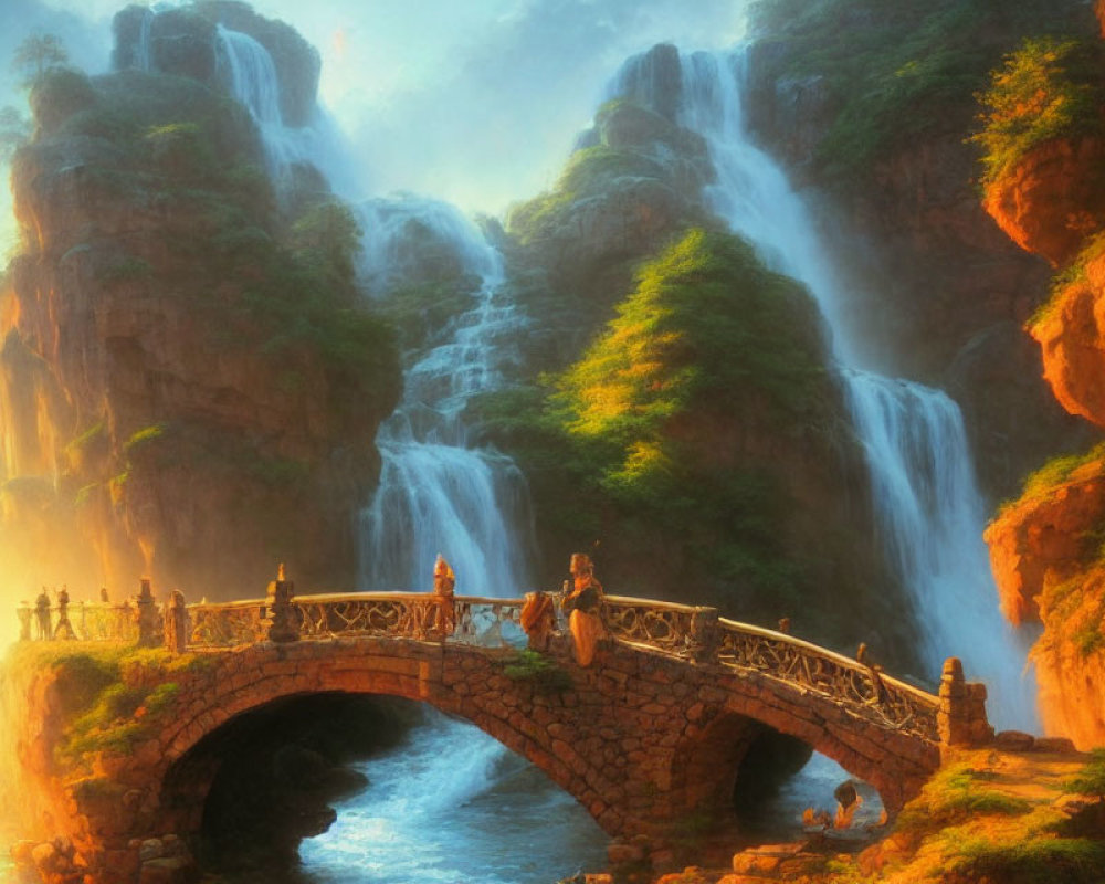 Stone bridge over river with cascading waterfalls and lush cliffs in warm sunlight