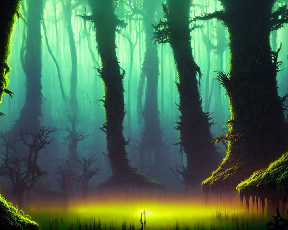 Mystical green forest with towering moss-covered trees and mysterious fog