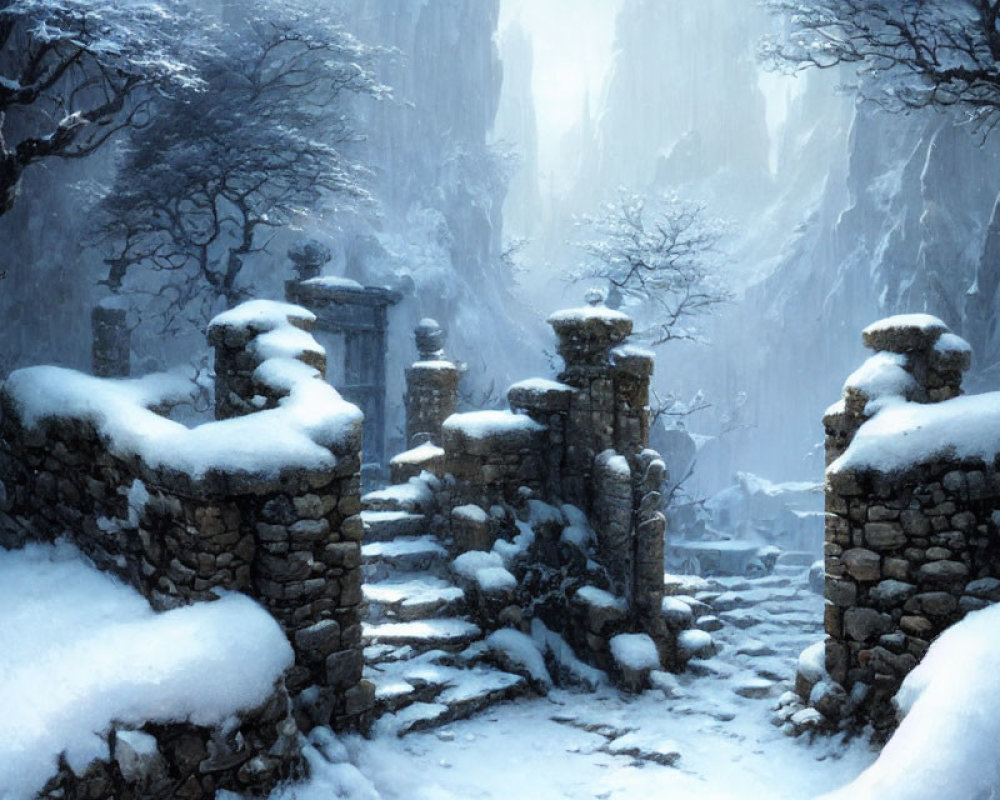 Snow-covered stone gateway in misty forest with icy cliffs