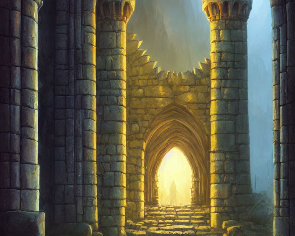 Stone Castle Gateway with Arches and Round Towers under Hazy Sky