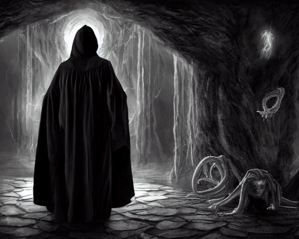 Mysterious cloaked figure in eerie cave with glowing eyes and creature-like forms