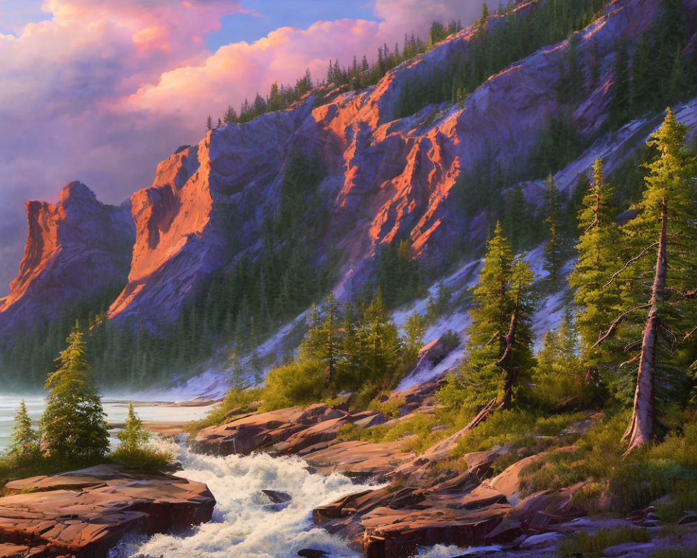 Vibrant sunset over rugged mountain, river, and pine trees