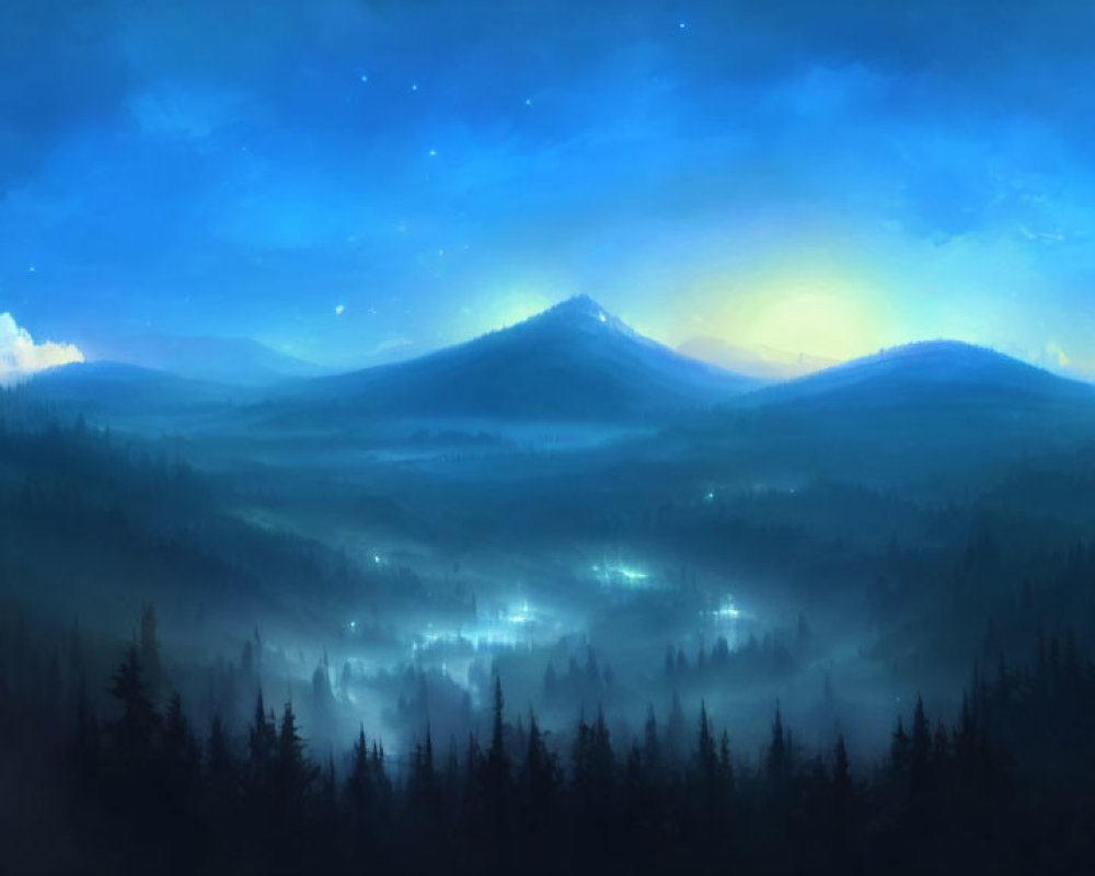 Tranquil forest and mountains at dawn under starry sky