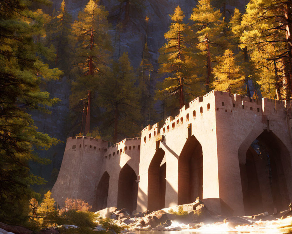 Stone bridge over tranquil river with pine trees and sunlight glow