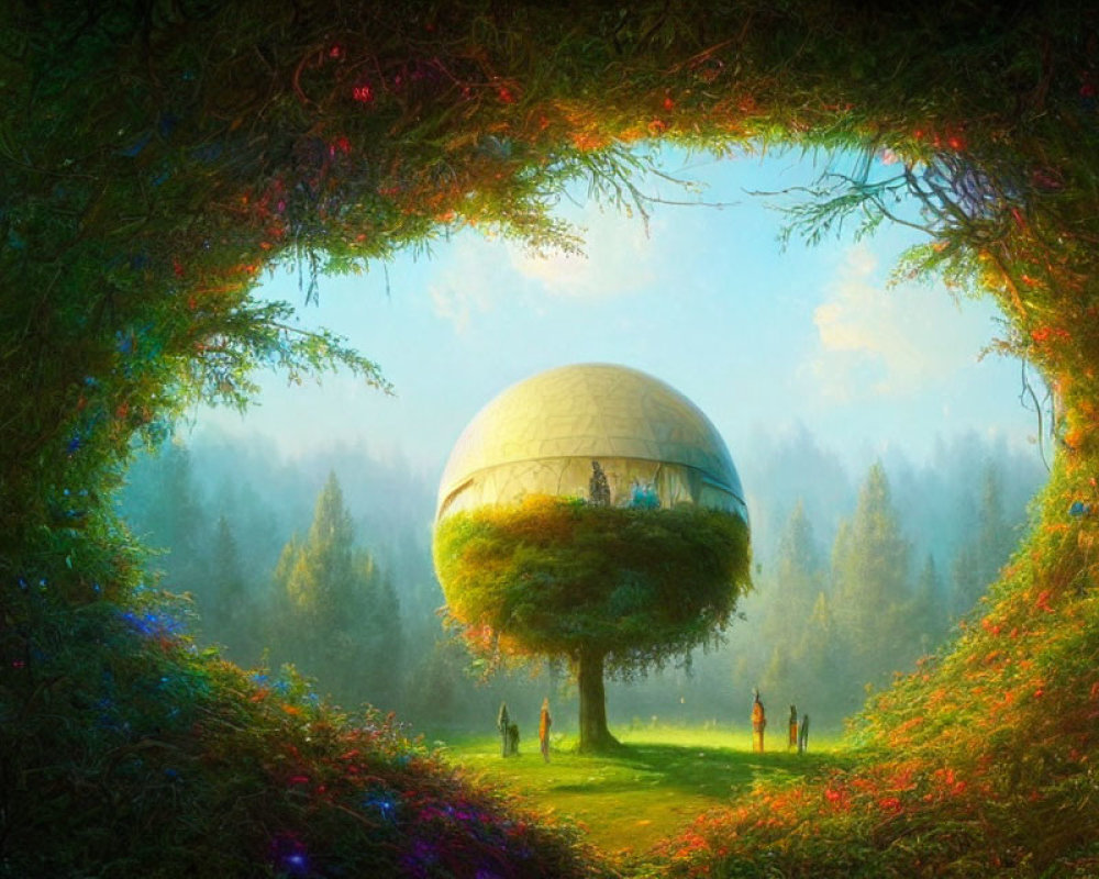 Fantastical landscape with spherical structure, lush greenery, and tiny figures under forest canopy