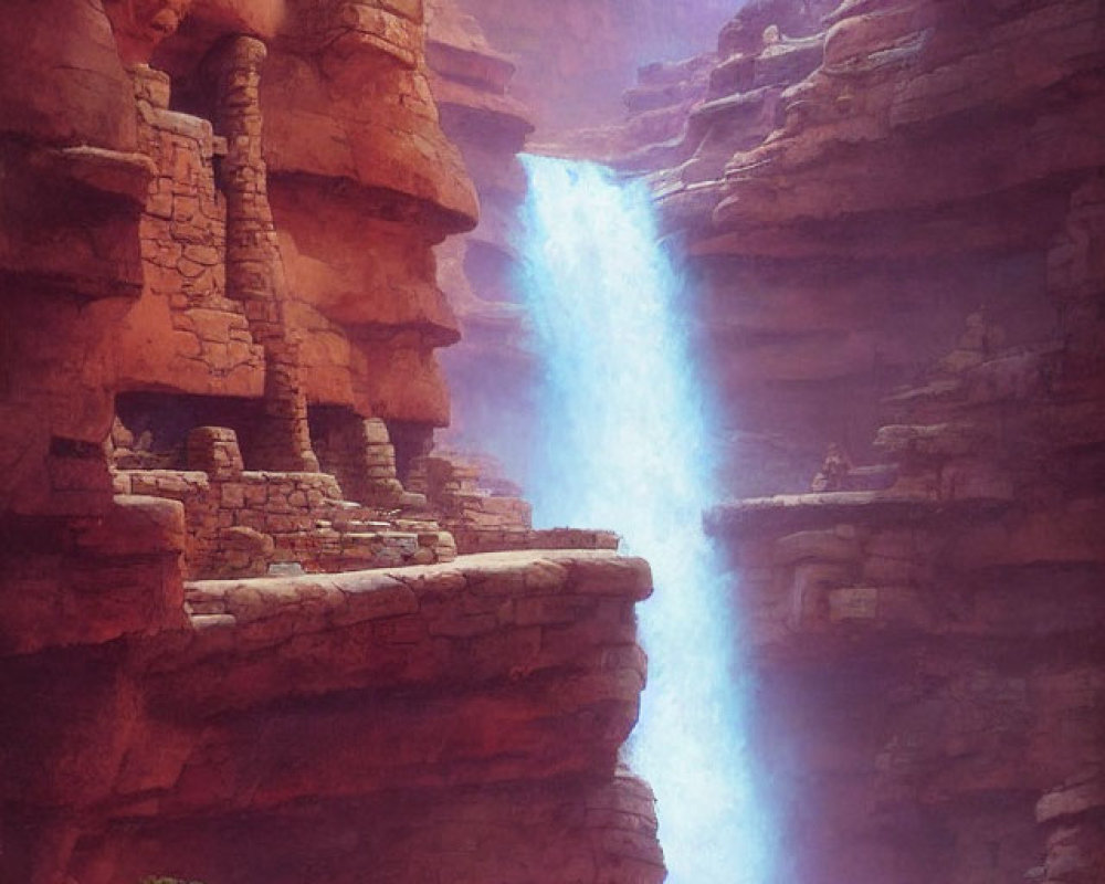 Tranquil waterfall in red rock canyon with ancient ruins and soft light