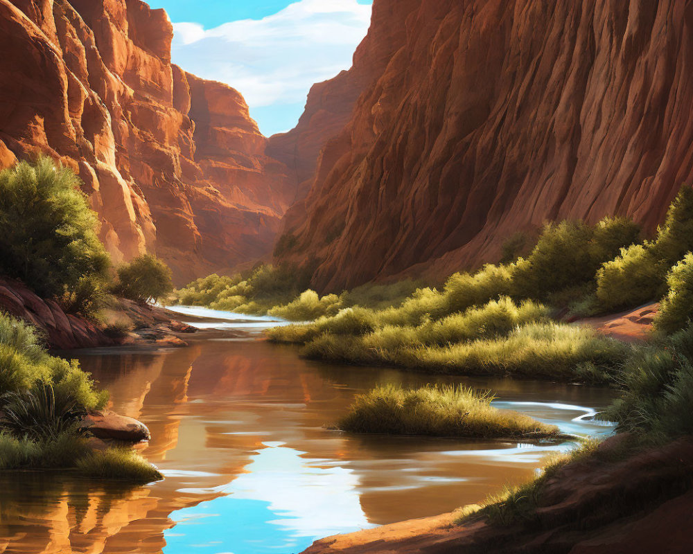 Scenic river in red rock canyon with lush green foliage