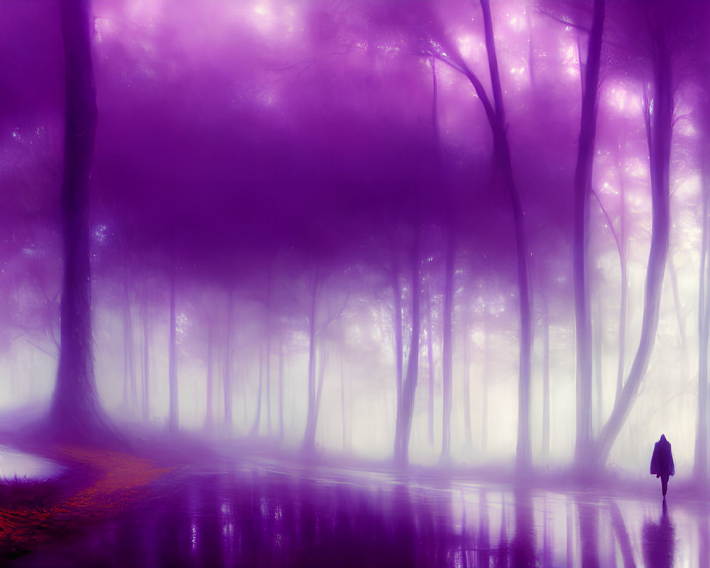 Solitary figure in mystical purple forest with misty trees reflected in water