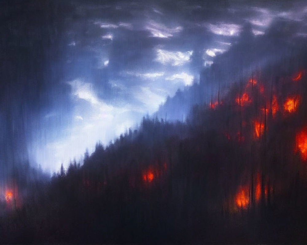 Impressionistic dark forest painting with ominous red glows at night