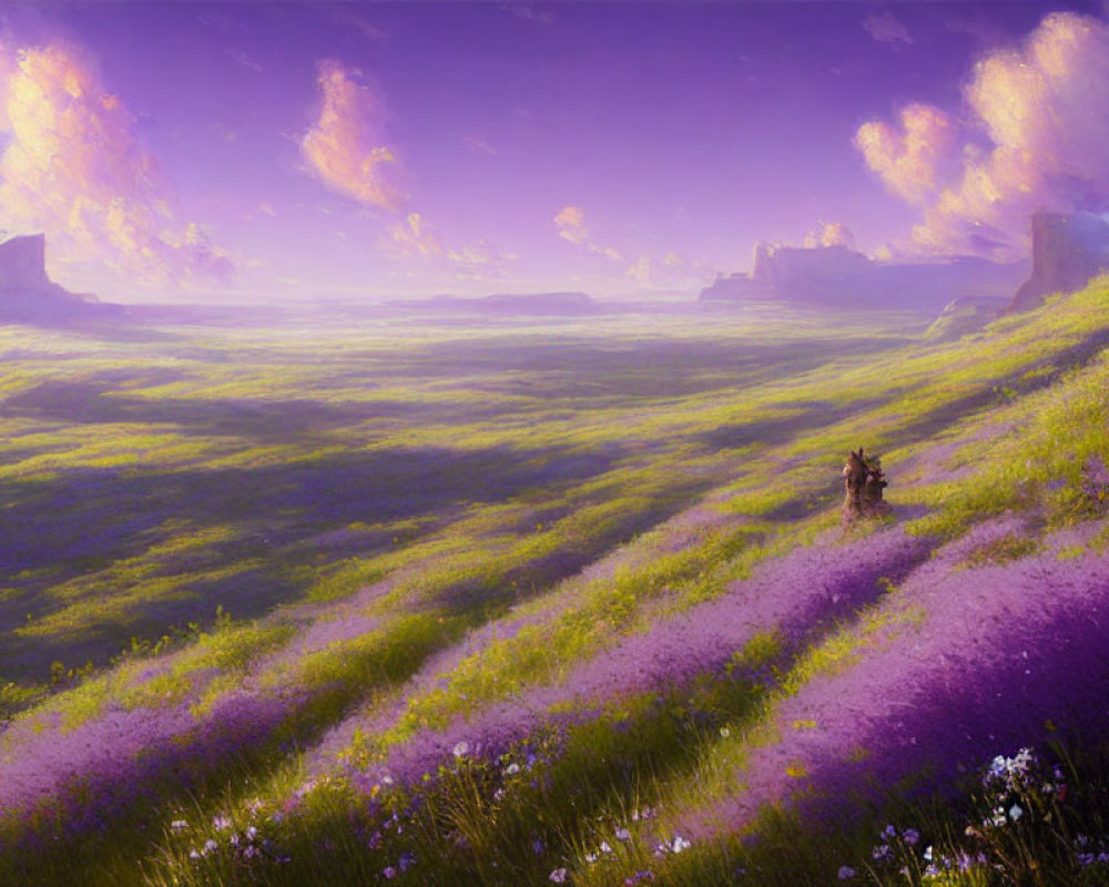 Scenic landscape with purple flowers, green field, hills, person on horse under pink sky