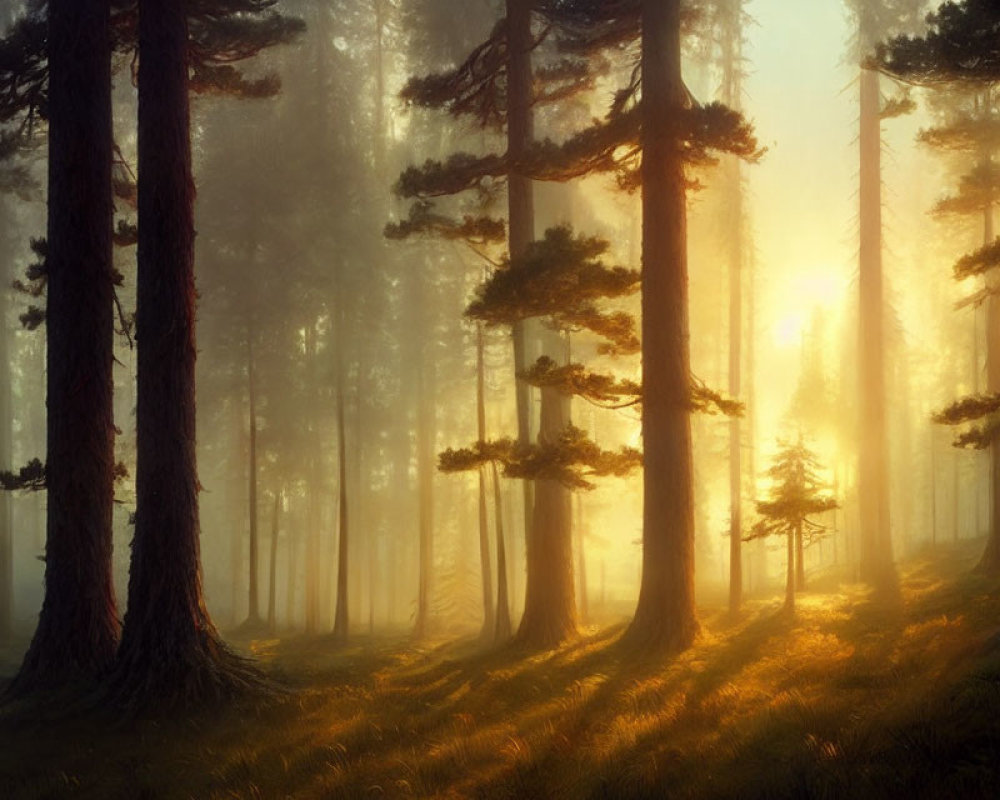 Sunbeams through tall pine trees in misty forest at sunrise